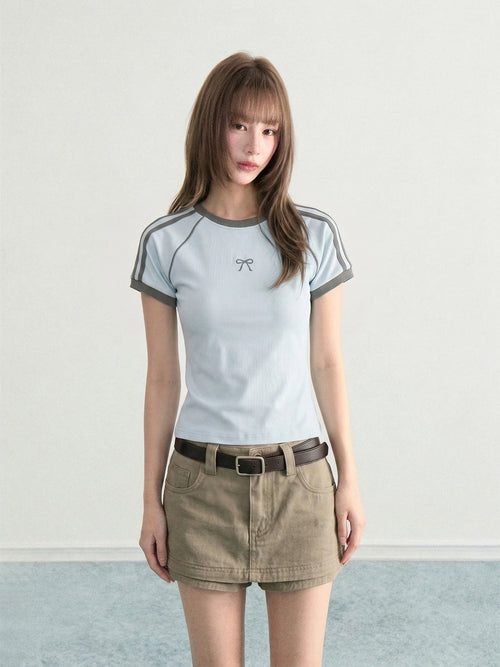 Blue Bow Stripe Raglan Cropped Fitted Sporty Tee OL2226