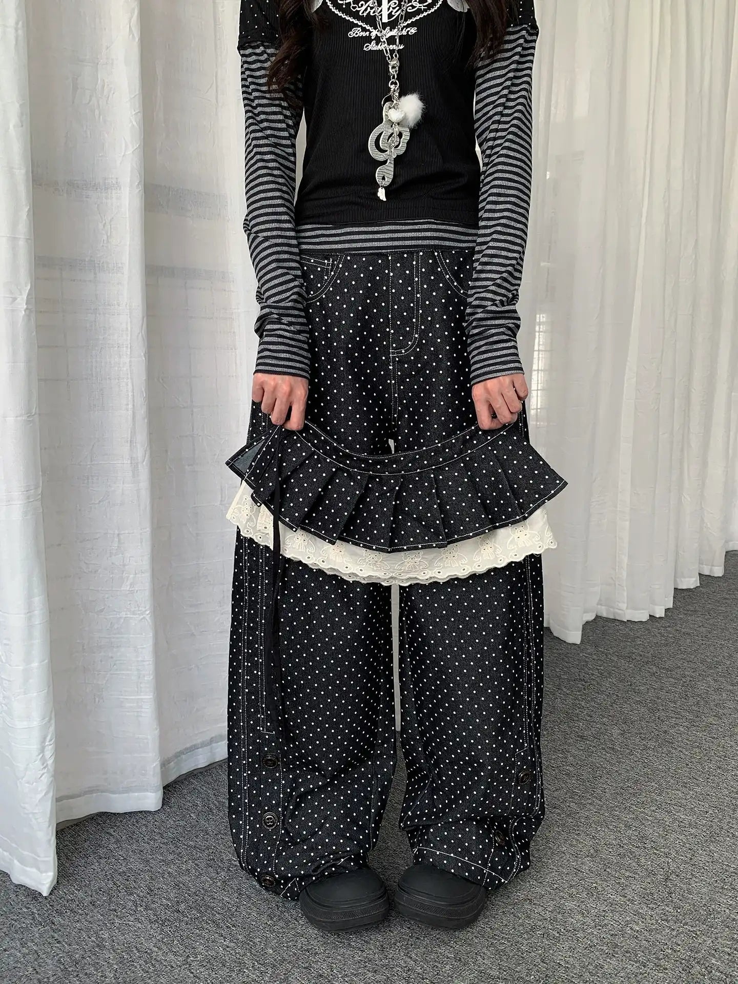 Polka Dot Detachable Skirt Denim Pants oliviroa オリヴィオラ