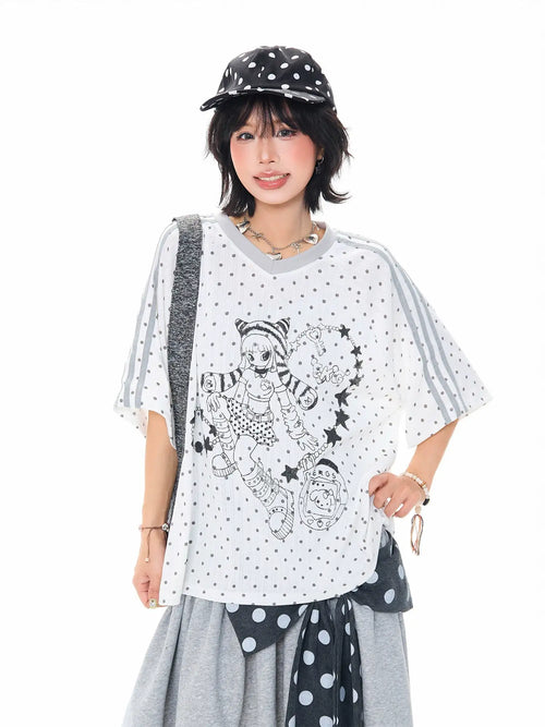 Cartoon Polka Dot V Neck Relaxed Tee OL2305