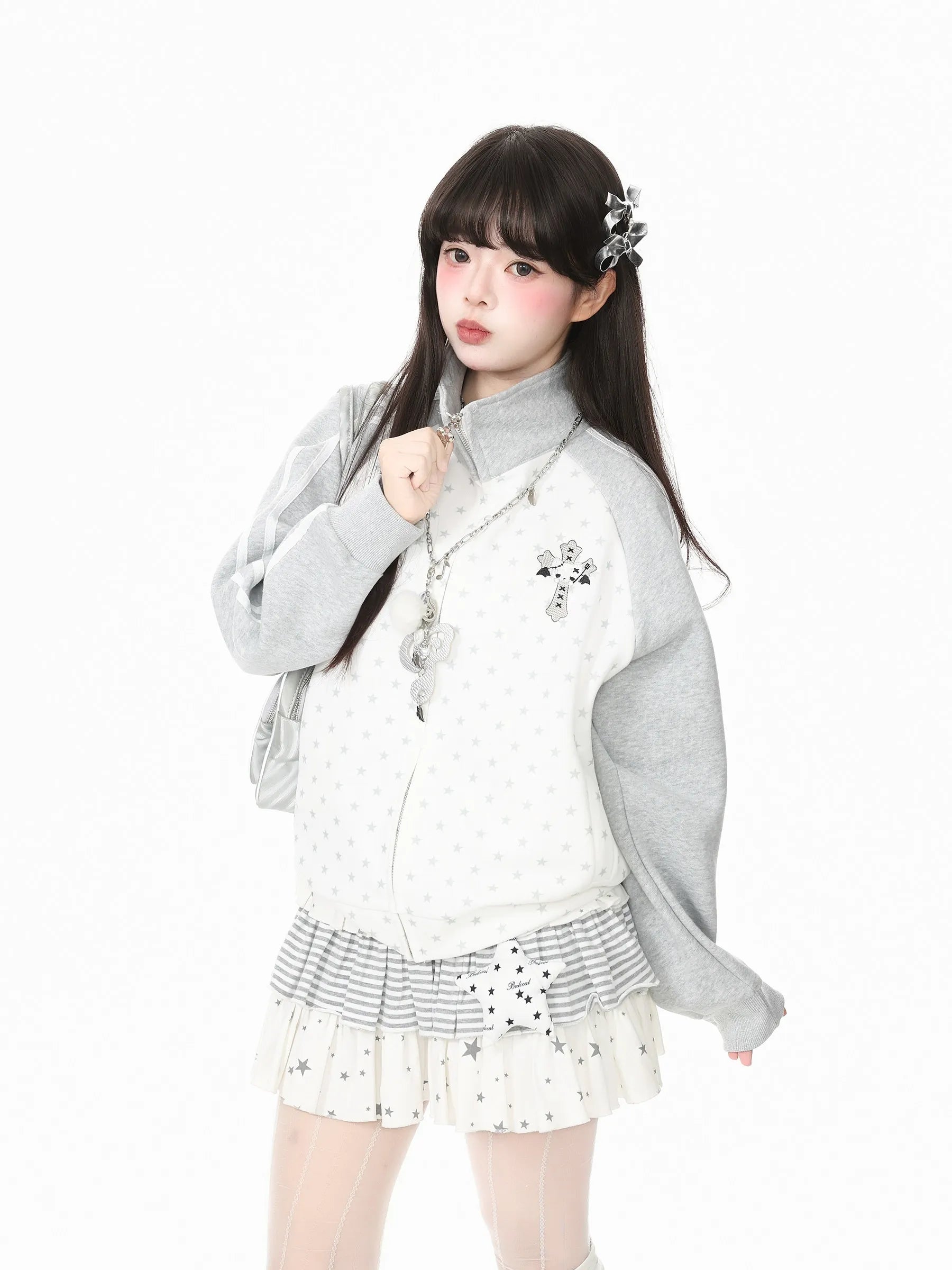 Star Embroidered Stripe Zip Up Sweatshirt oliviroa オリヴィオラ