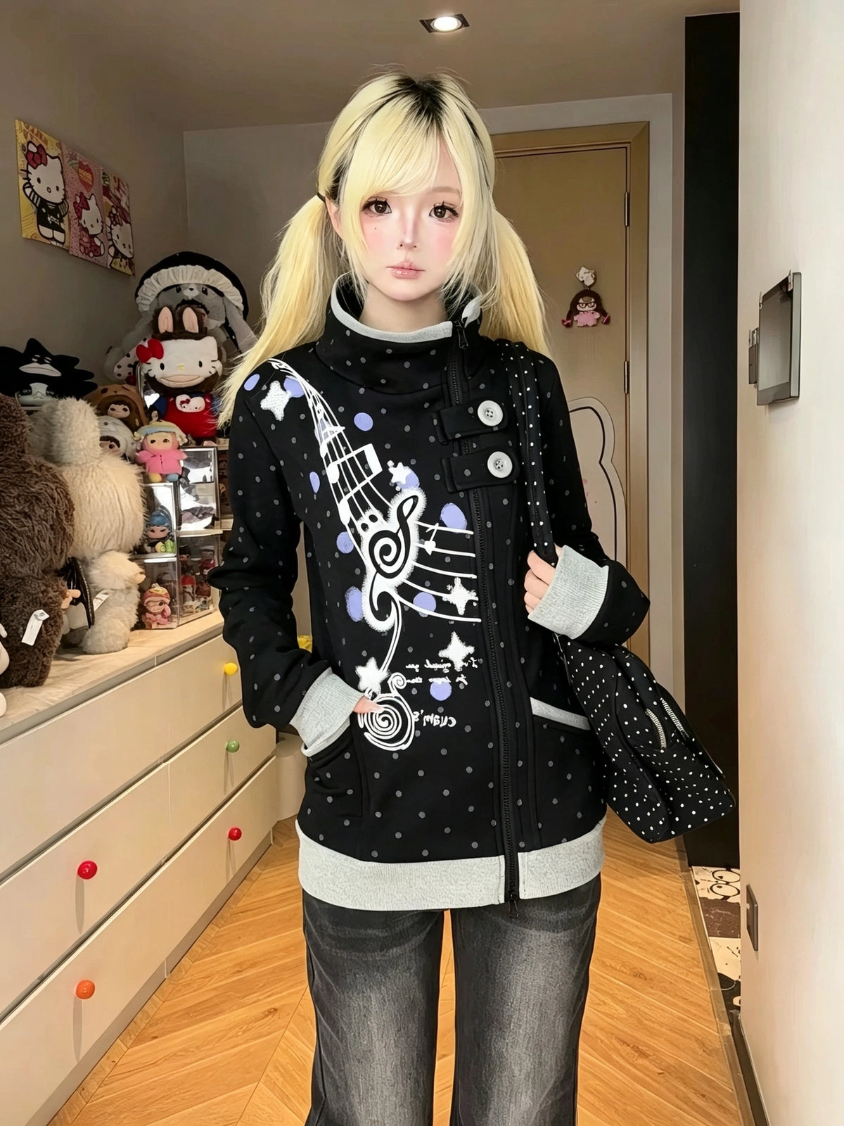 Music Note Polka Dot Stand Collar Zip Jacket OL2476