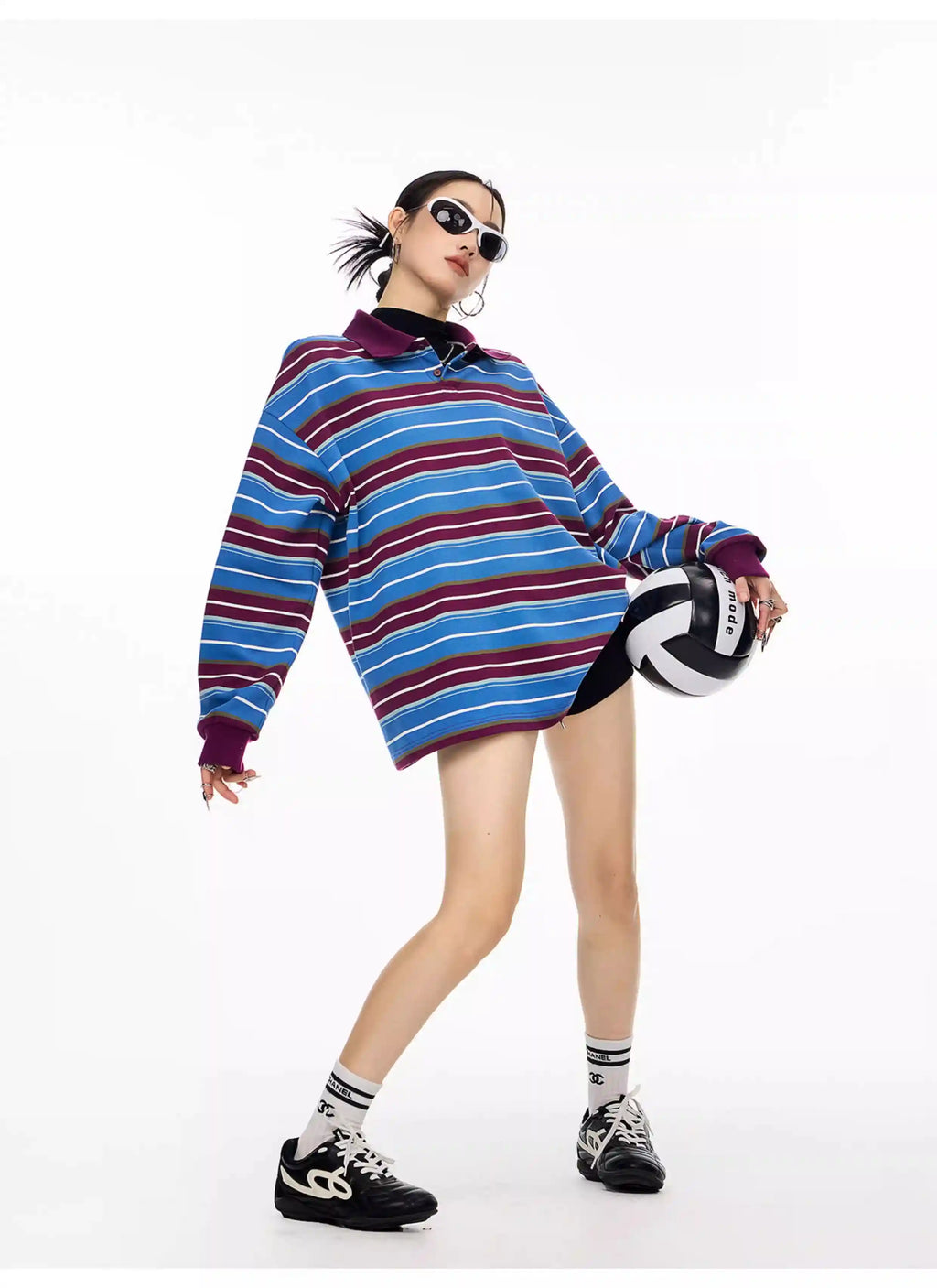 Striped Long Sleeve Polo Top with Contrast Panels   OL1993