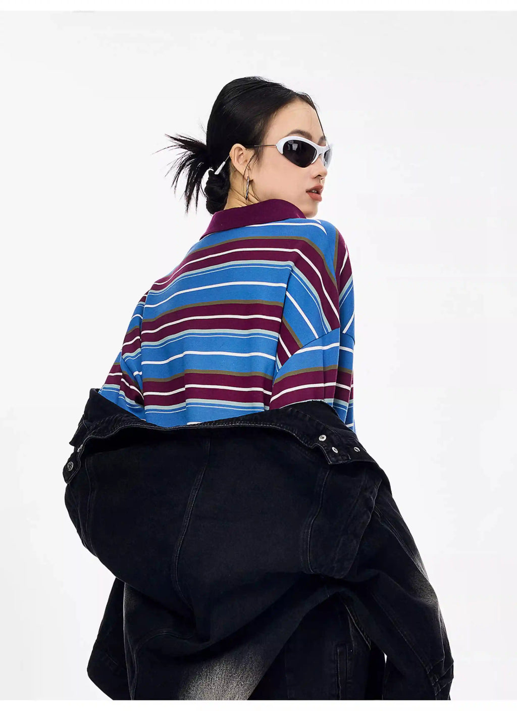 Striped Long Sleeve Polo Top with Contrast Panels   OL1993