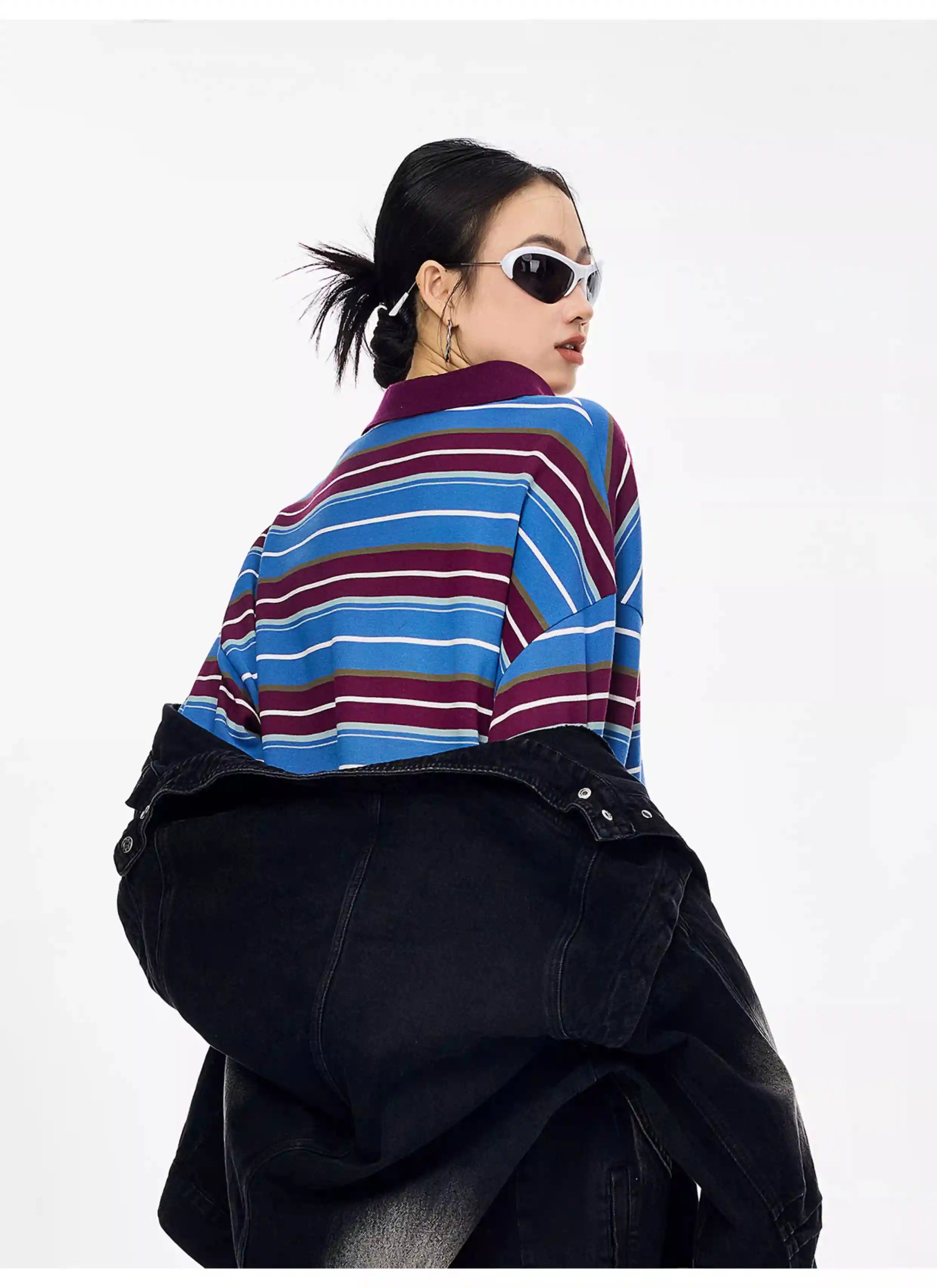 Striped Long Sleeve Polo Top with Contrast Panels   OL1993