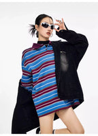 Striped Long Sleeve Polo Top with Contrast Panels   OL1993