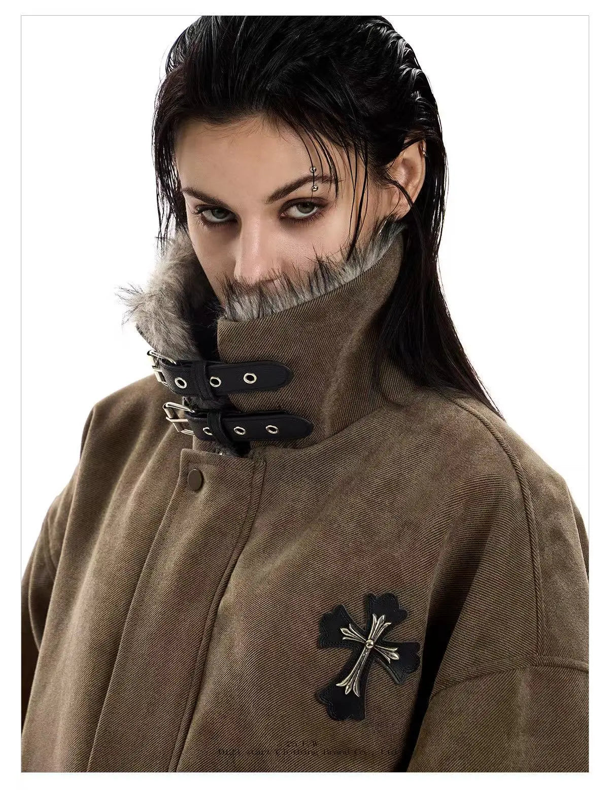 Vintage Cross Eagle Faux Suede Padded Jacket   OL2052