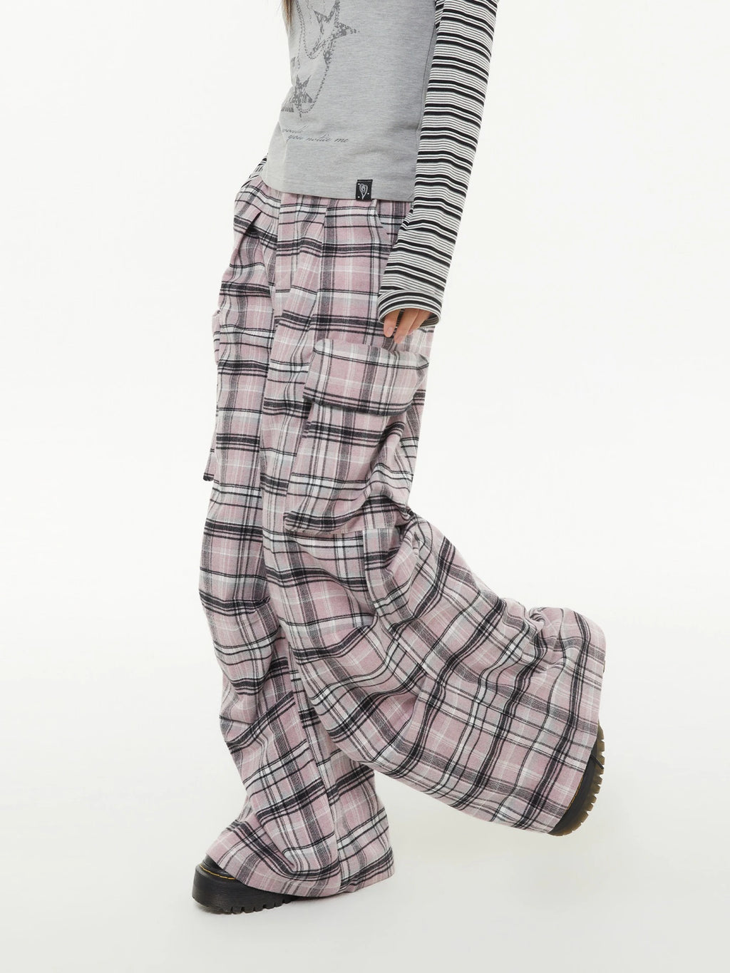 Pink Plaid Wide-Leg Cargo Pants oliviroa オリヴィオラ