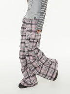 Pink Plaid Wide-Leg Cargo Pants oliviroa オリヴィオラ