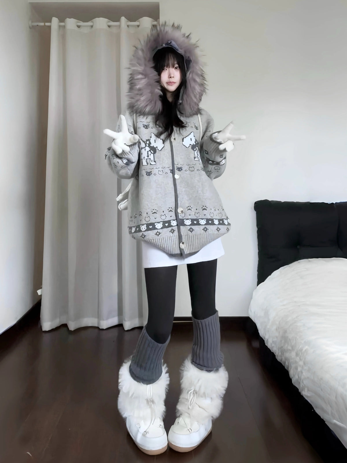 Puppy Fur Trim Hooded Knit Cardigan OL2446