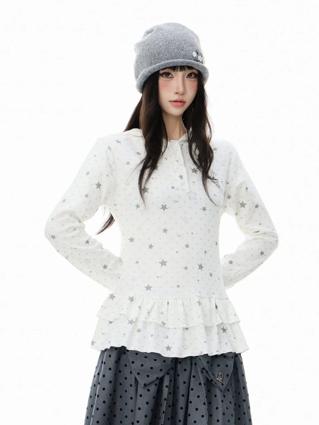 Polka Dot Star 러플 후드 긴팔 티셔츠 OL2406
