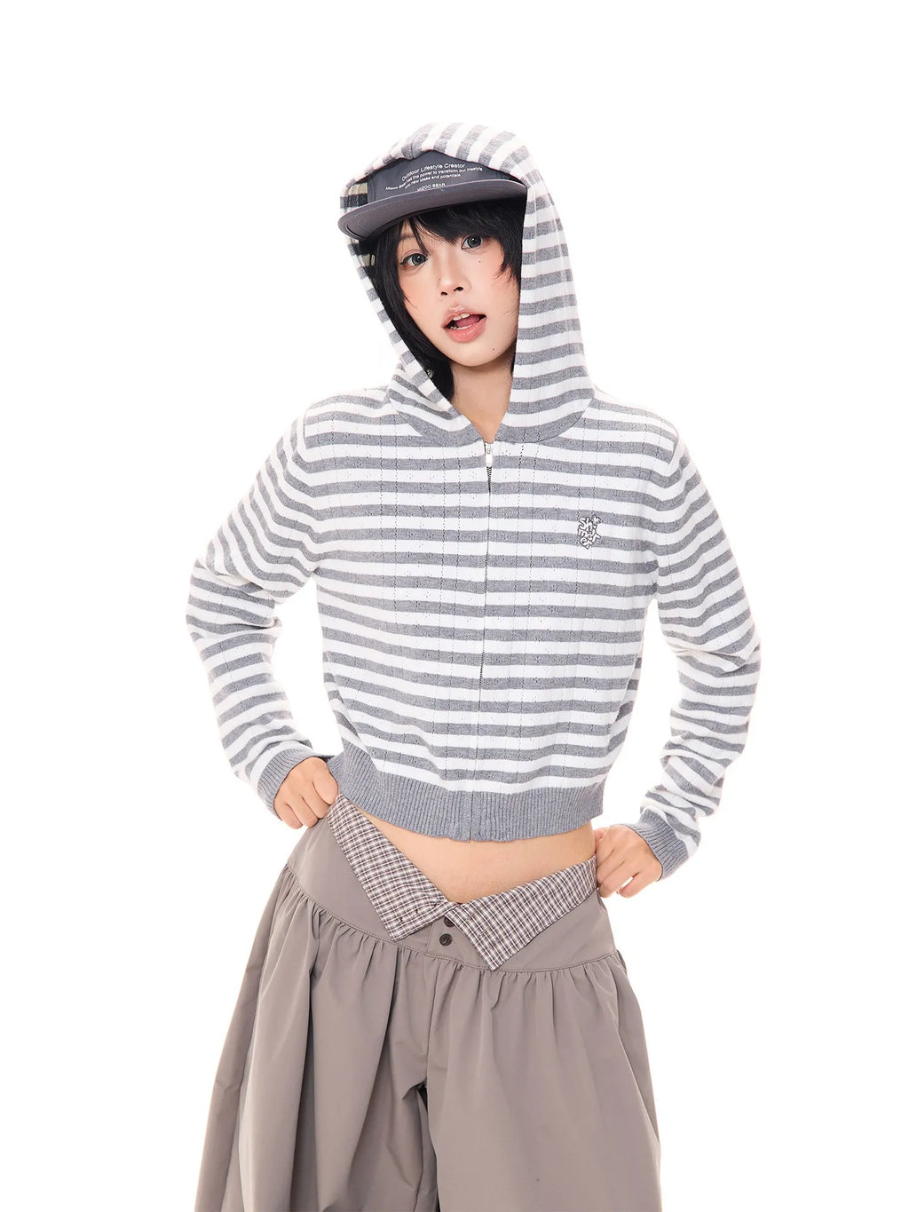Striped Cropped Zip Knit Hoodie OL2419