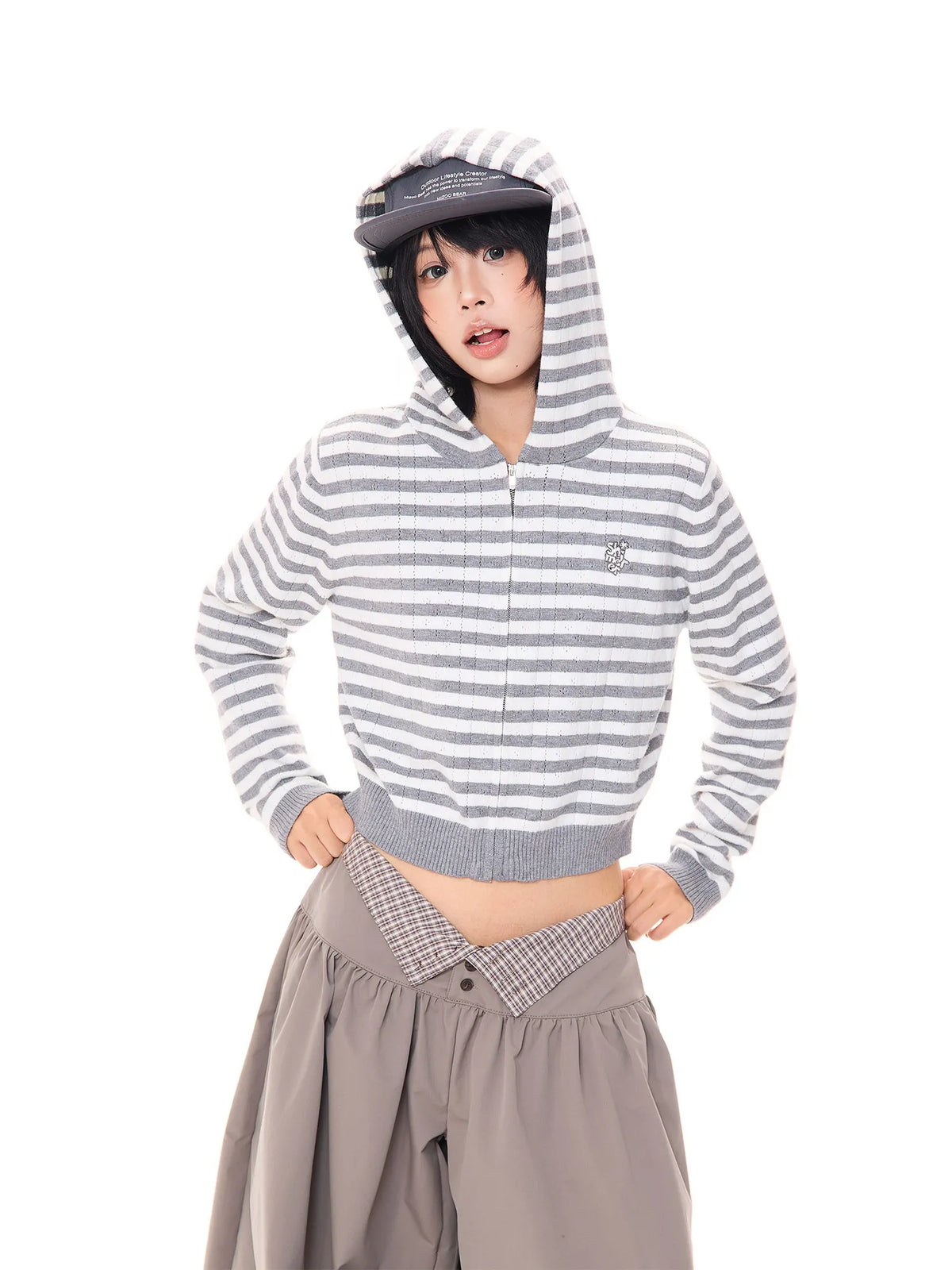 Striped Cropped Zip Knit Hoodie OL2419