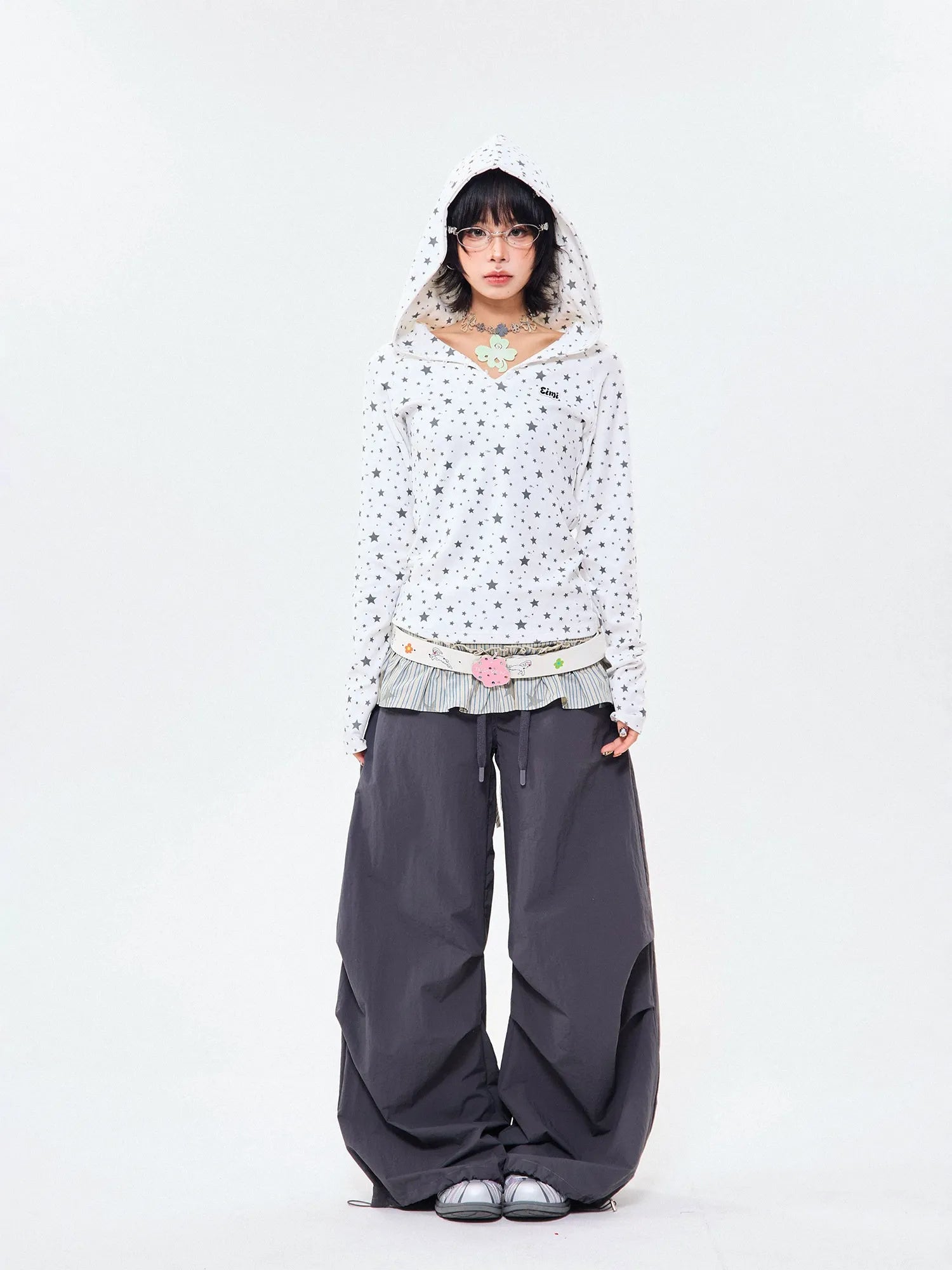 Star Wing Print Hooded Long Sleeve Fitted Top OL2272