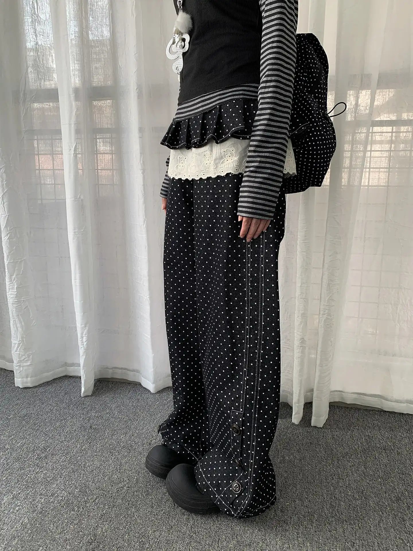 Polka Dot Detachable Skirt Denim Pants OL2275