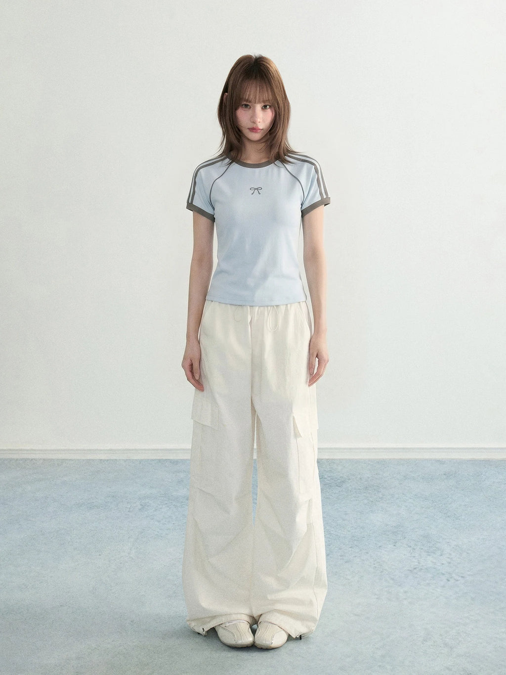 Blue Bow Stripe Raglan Cropped Fitted Sporty Tee OL2314