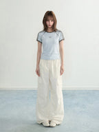 Blue Bow Stripe Raglan Cropped Fitted Sporty Tee OL2314
