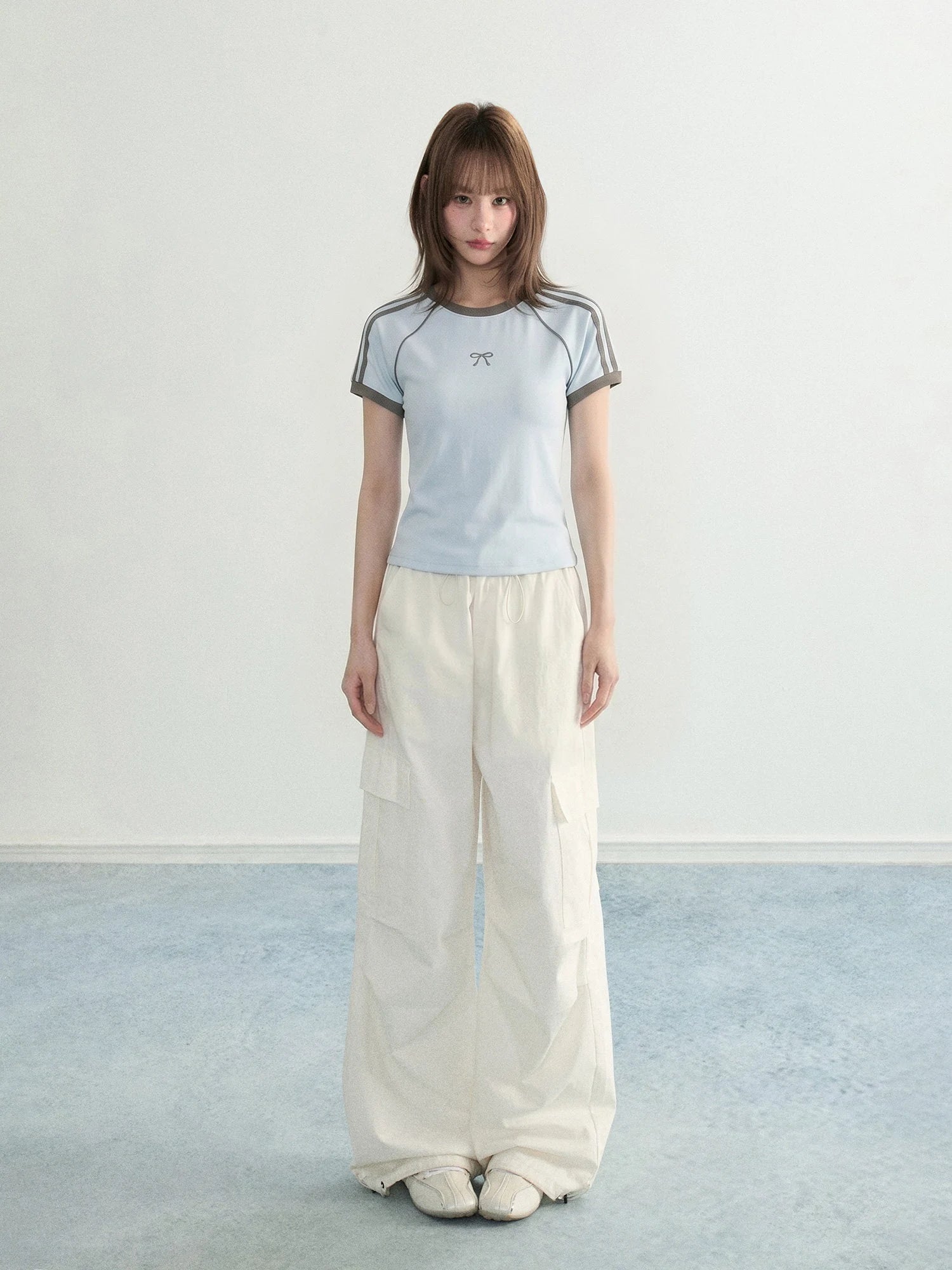 Blue Bow Stripe Raglan Cropped Fitted Sporty Tee OL2314