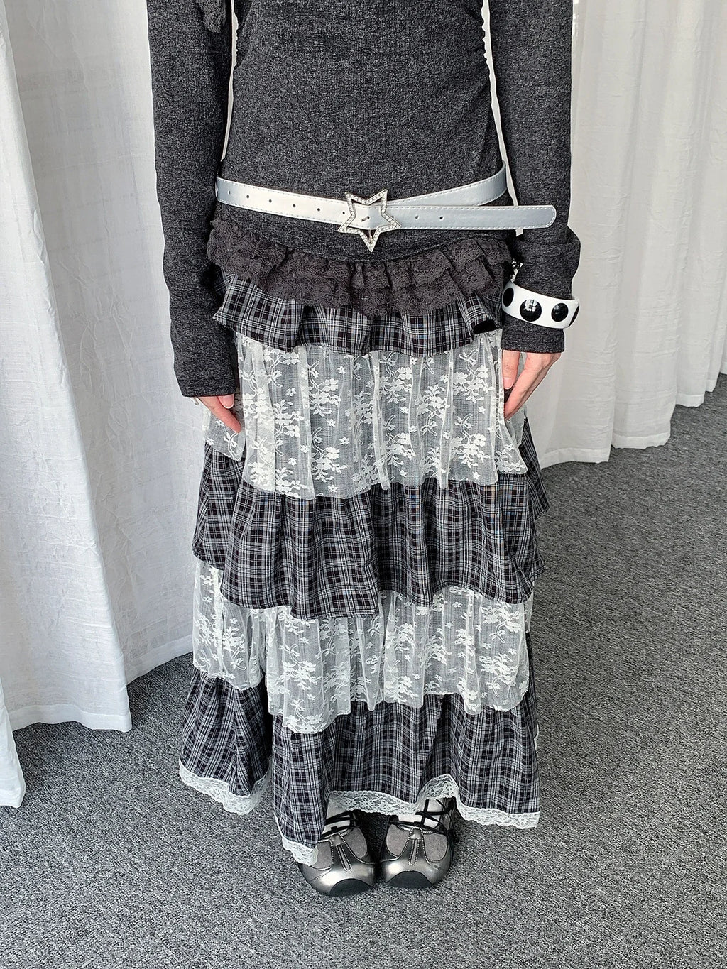 Plaid Lace Tiered Midi Skirt  oliviroa オリヴィオラ