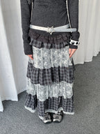 Plaid Lace Tiered Midi Skirt  oliviroa オリヴィオラ