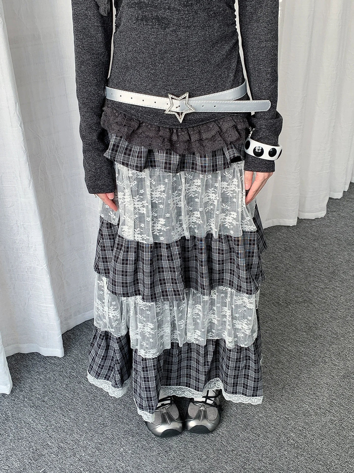 Plaid Lace Tiered Midi Skirt  oliviroa オリヴィオラ