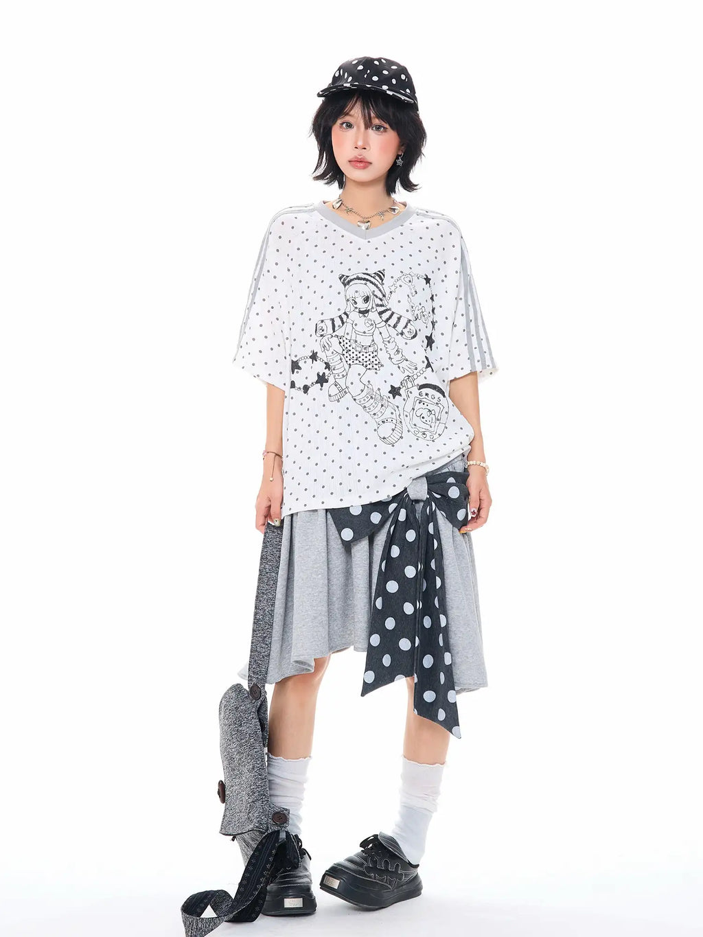 Cartoon Polka Dot V Neck Relaxed Tee OL2305