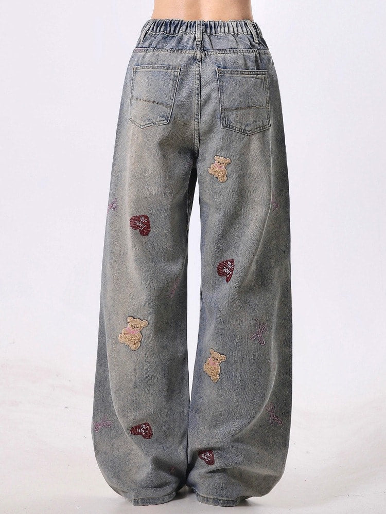 Distressed Embroid Distressed x Bear Embroidery Wide Denim – Oliviora