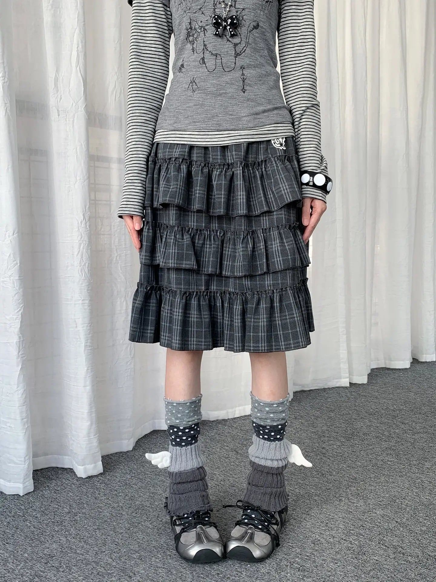 Retro Plaid Layered Ruffle Cake Mini Skirt Y2K oliviroa オリヴィオラ
