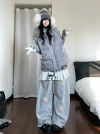 Star Print Convertible Fur Collar Puffer Jacket OL2447