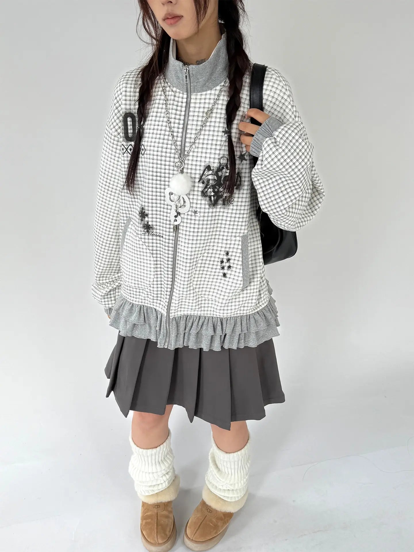 Graphic Plaid Ruffle Jacket OL2383
