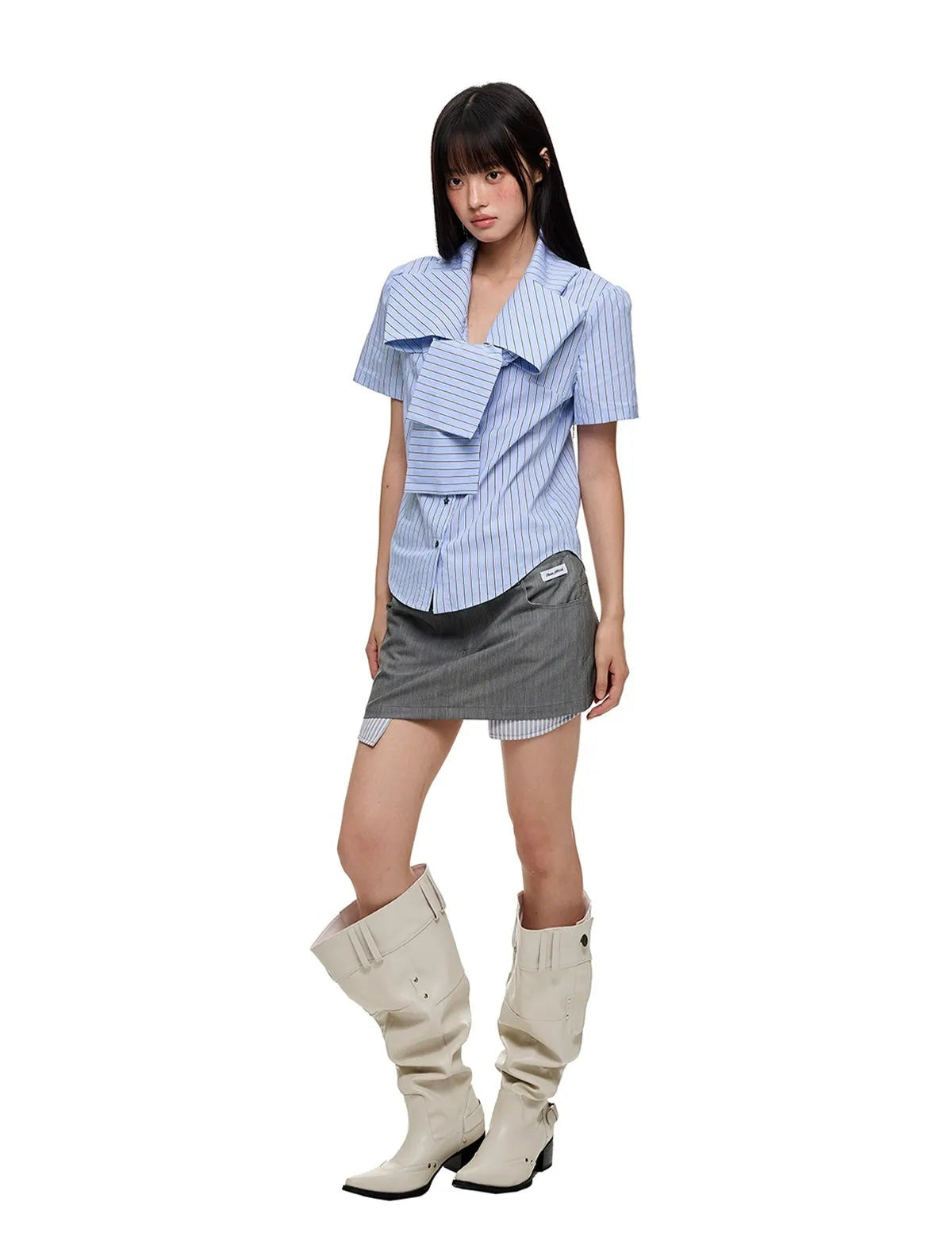 Ribbon Detail Rhinestone Stripe Fitted Shirt OL2267