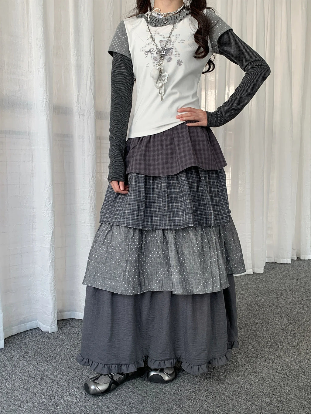 Polka Dot Plaid Tiered Maxi Skirt OL2438