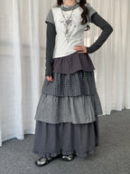 Polka Dot Plaid Tiered Maxi Skirt OL2438