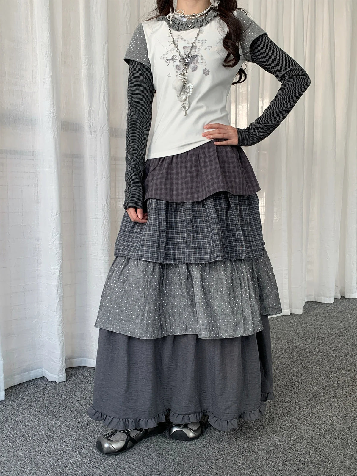 Polka Dot Plaid Tiered Maxi Skirt OL2438
