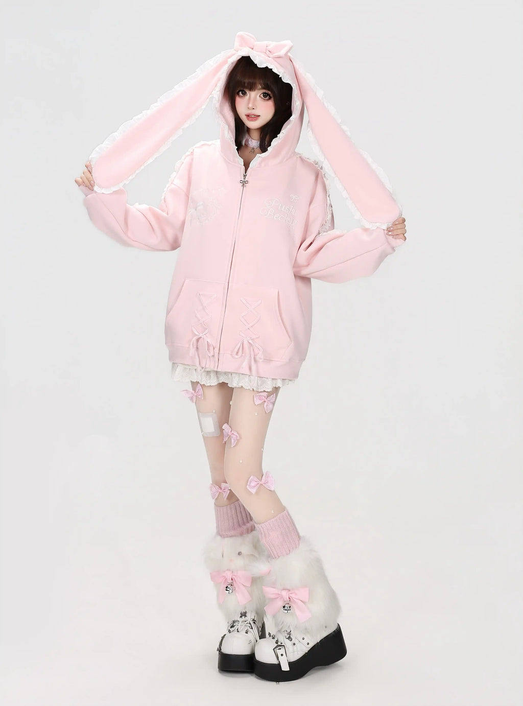 Lace Bunny Ear Bow Hooded Jacket OL2396