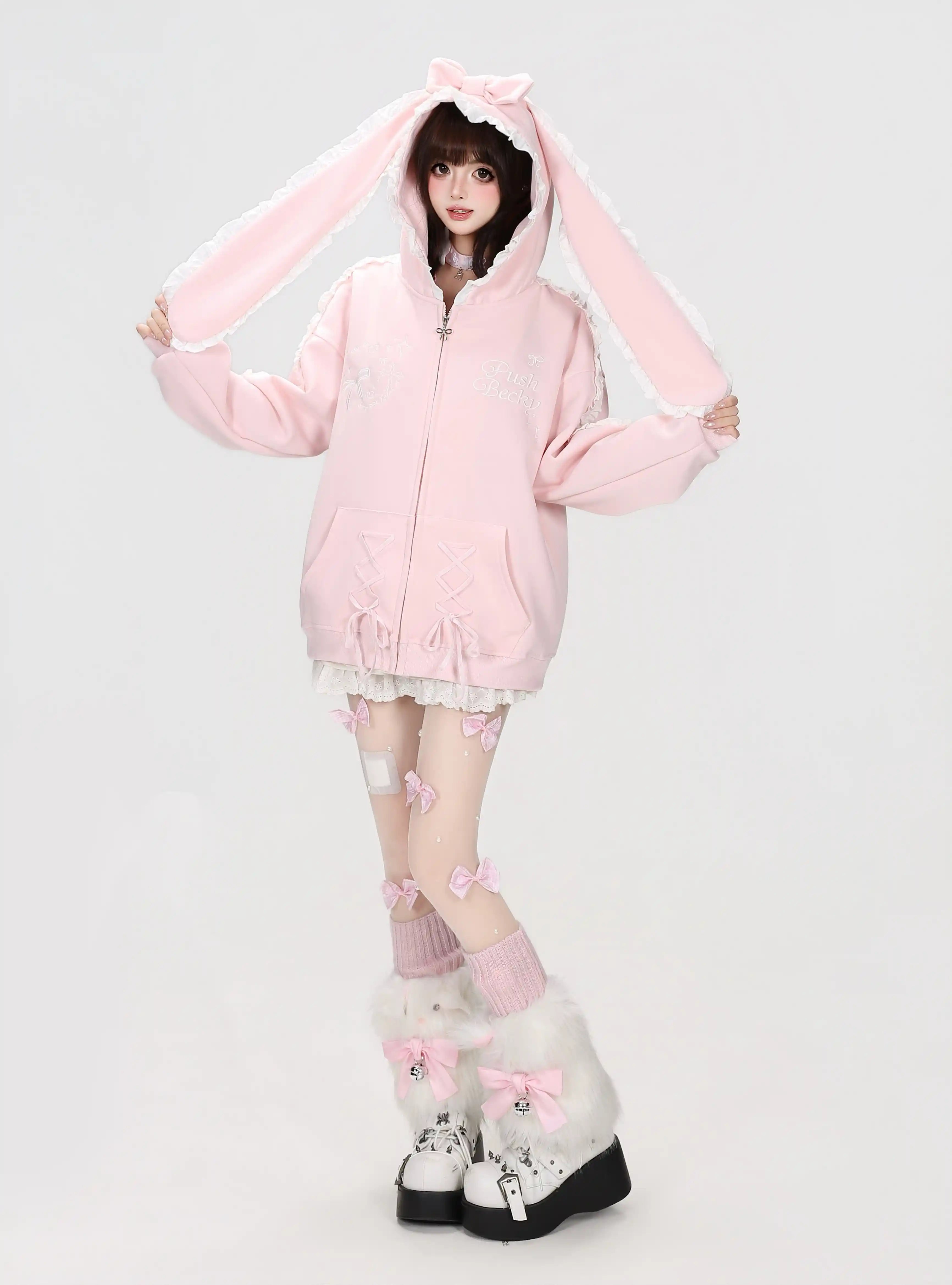 Lace Bunny Ear Bow Hooded Jacket OL2396