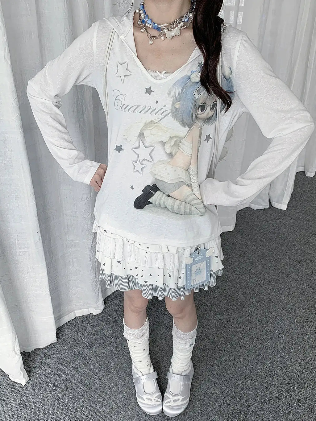 Semi-Sheer Cartoon Hooded Long-Sleeve Tee OL2389