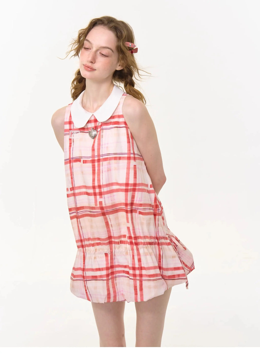 Red Plaid Doll Collar Sleeveless Dress OL2257