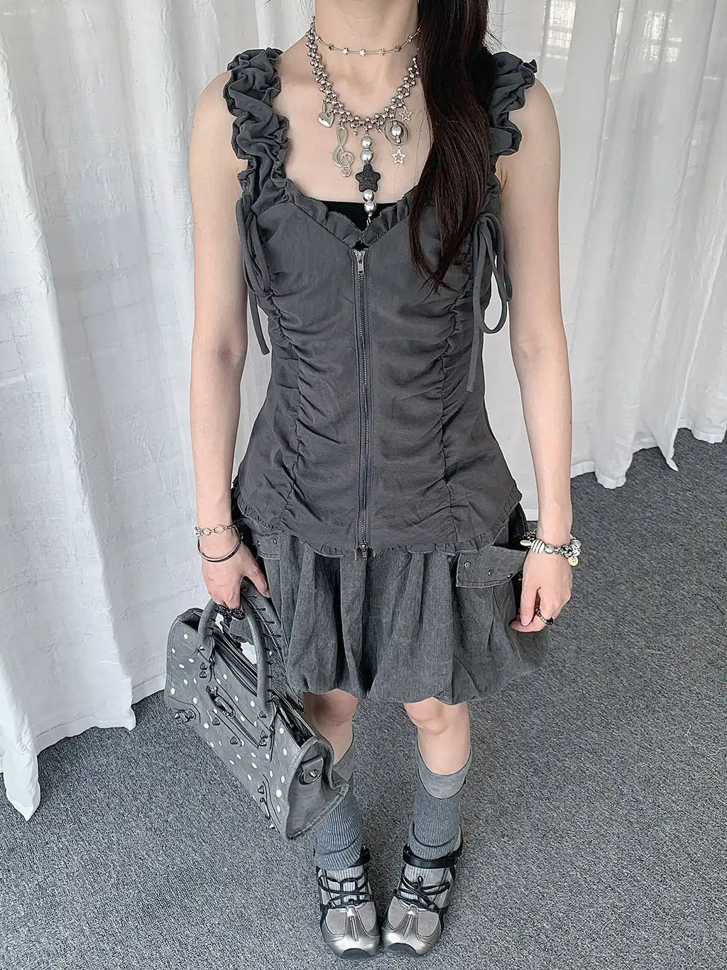 Ruffled Tie Double Zipper Vest OL2283