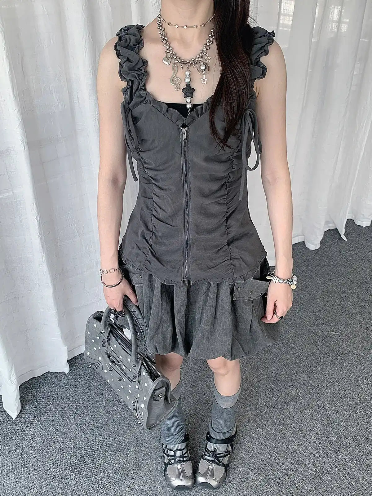 Ruffled Tie Double Zipper Vest OL2283