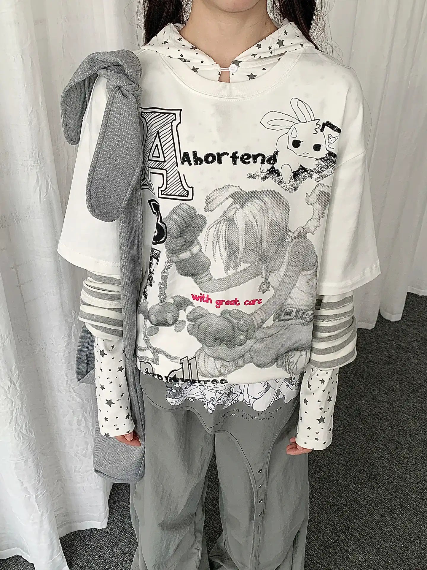 Y2K Cartoon Stripe Layered Long Sleeve T-Shirt OL2292