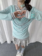 Layered Stripe Cowl Neck Long Sleeve Tee OL2385