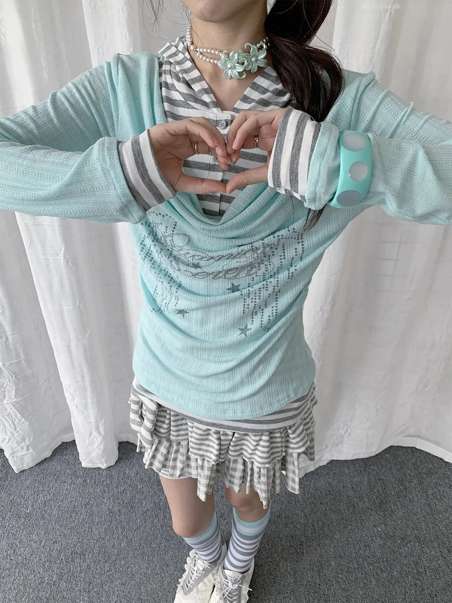 Layered Stripe Cowl Neck Long Sleeve Tee OL2385