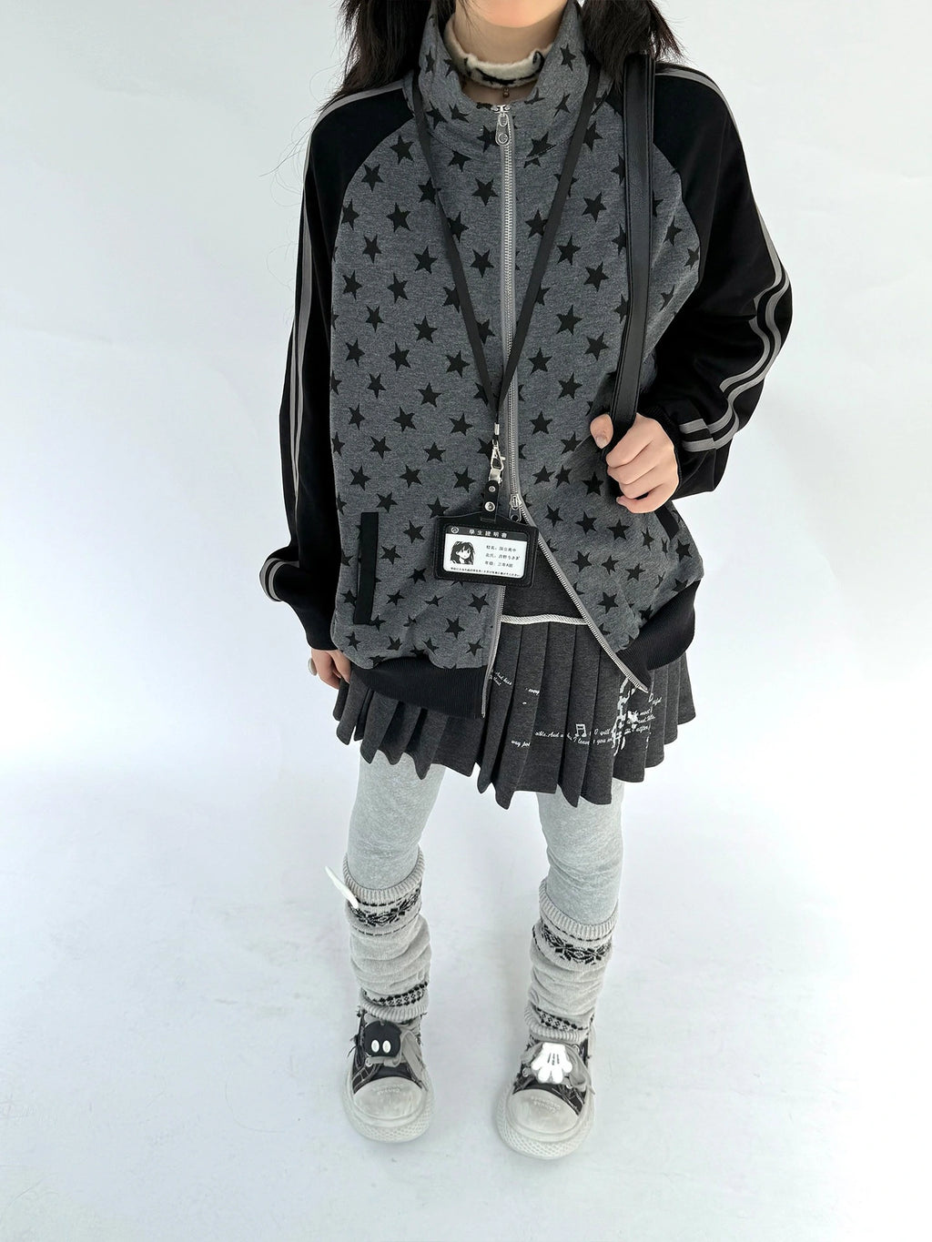 Star Print Stand Collar Double Zip Jacket OL2482