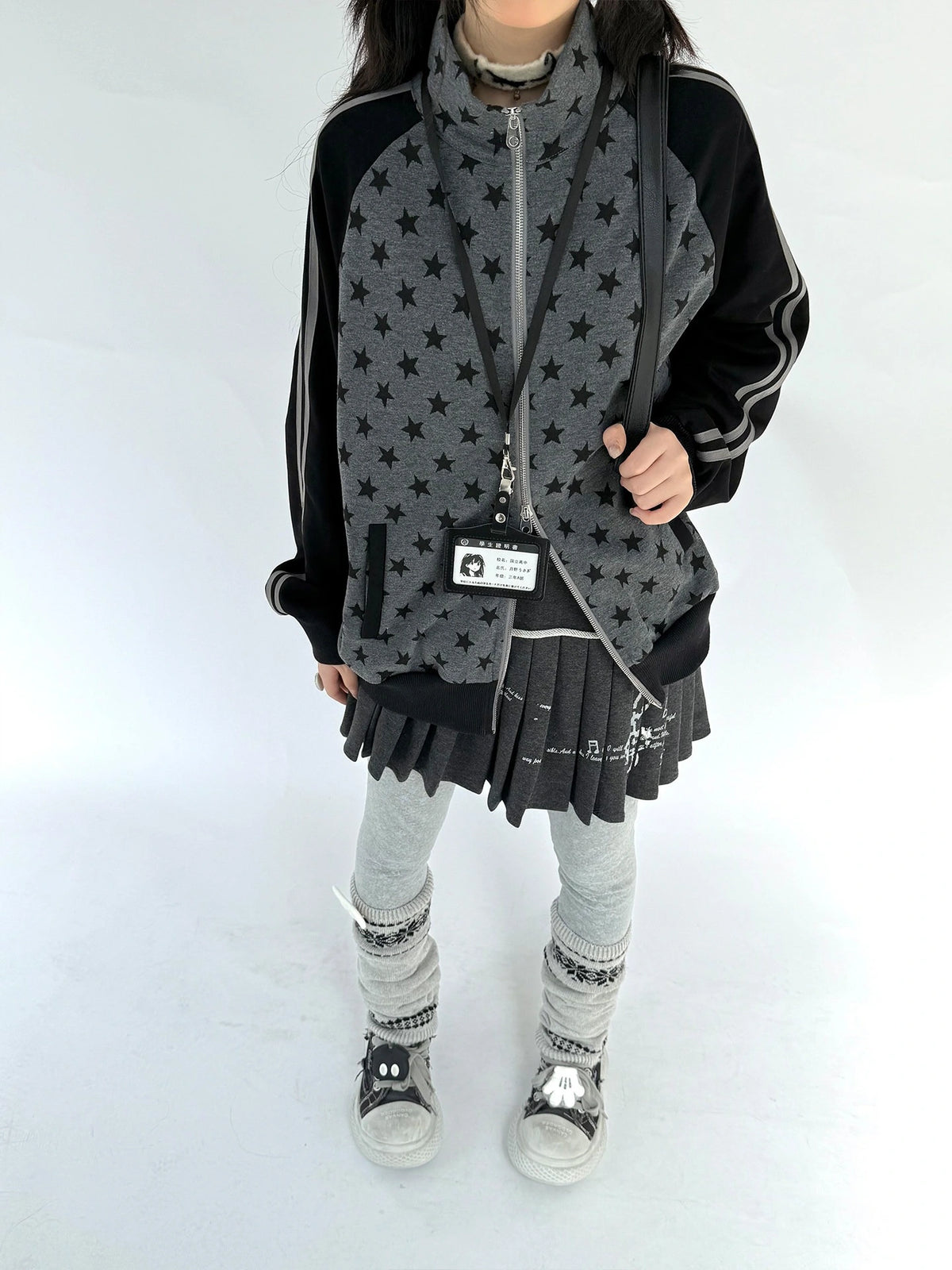Star Print Stand Collar Double Zip Jacket OL2482