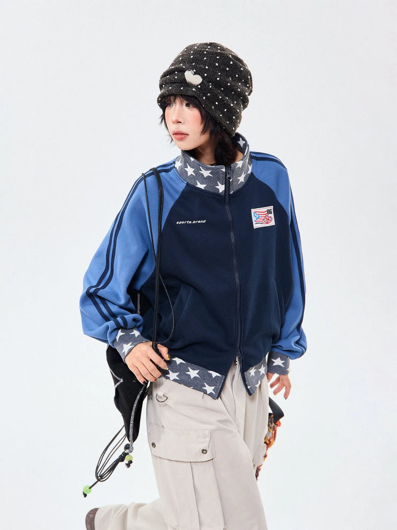 Retro Colorblock Stand Collar Zip Jacket   oliviroa オリヴィオラ