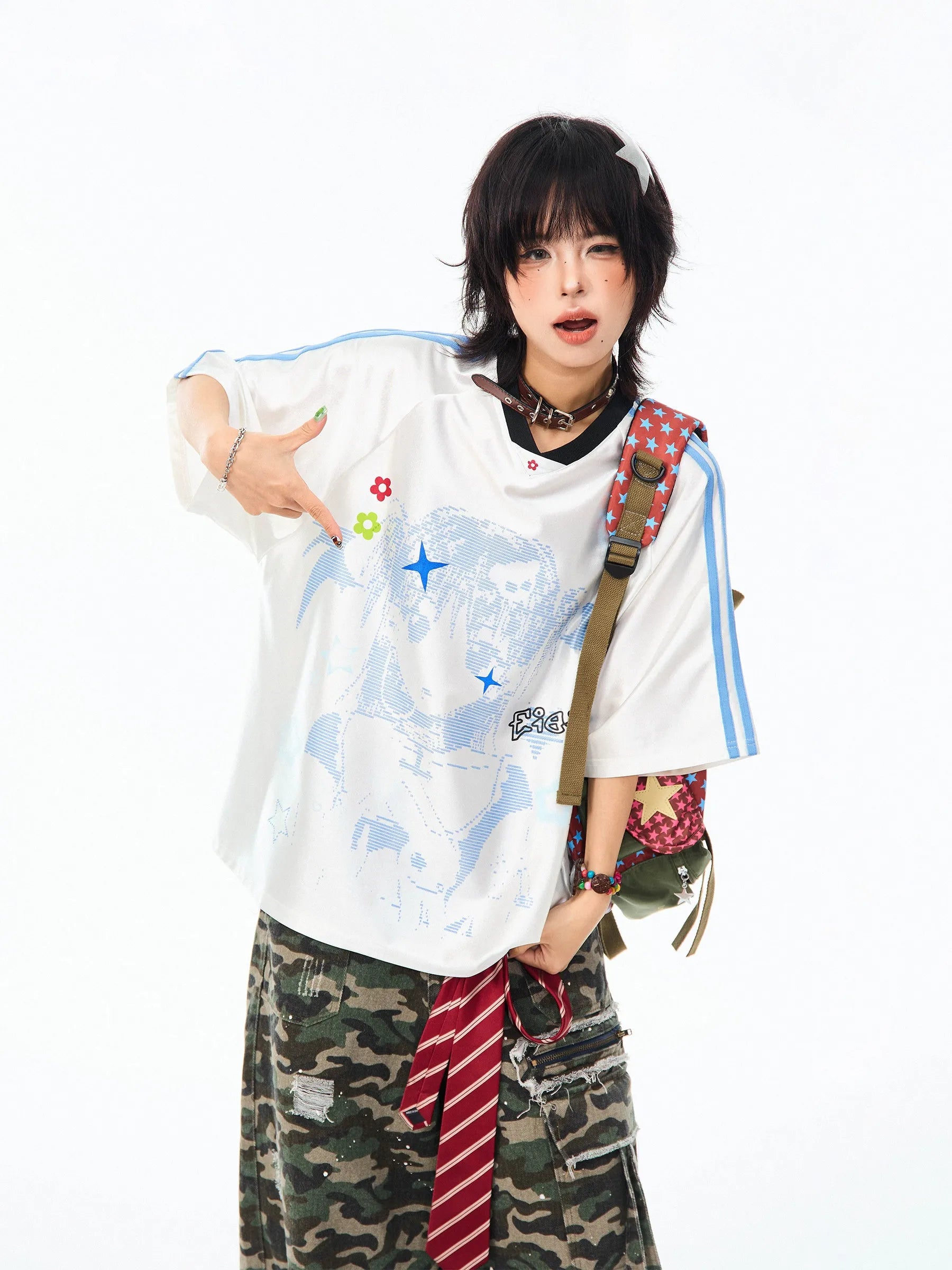 Vintage Cartoon Jersey V-Neck Oversized Short Sleeve Tee OL2273