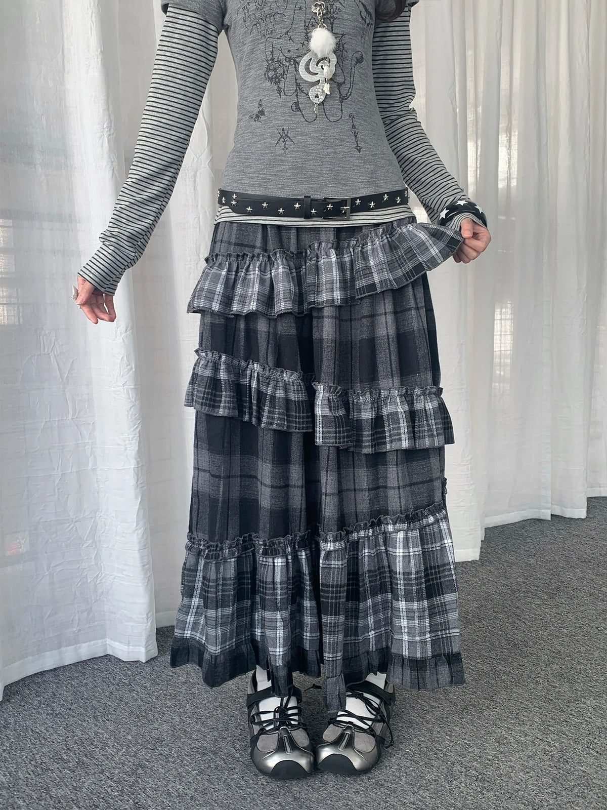 Asymmetrical Plaid Ruffle Skirt oliviroa オリヴィオラ