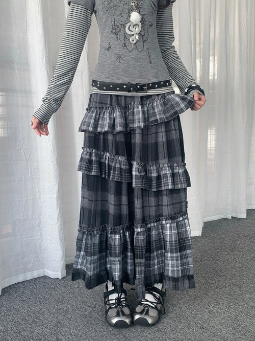 Asymmetrical Plaid Ruffle Skirt oliviroa オリヴィオラ