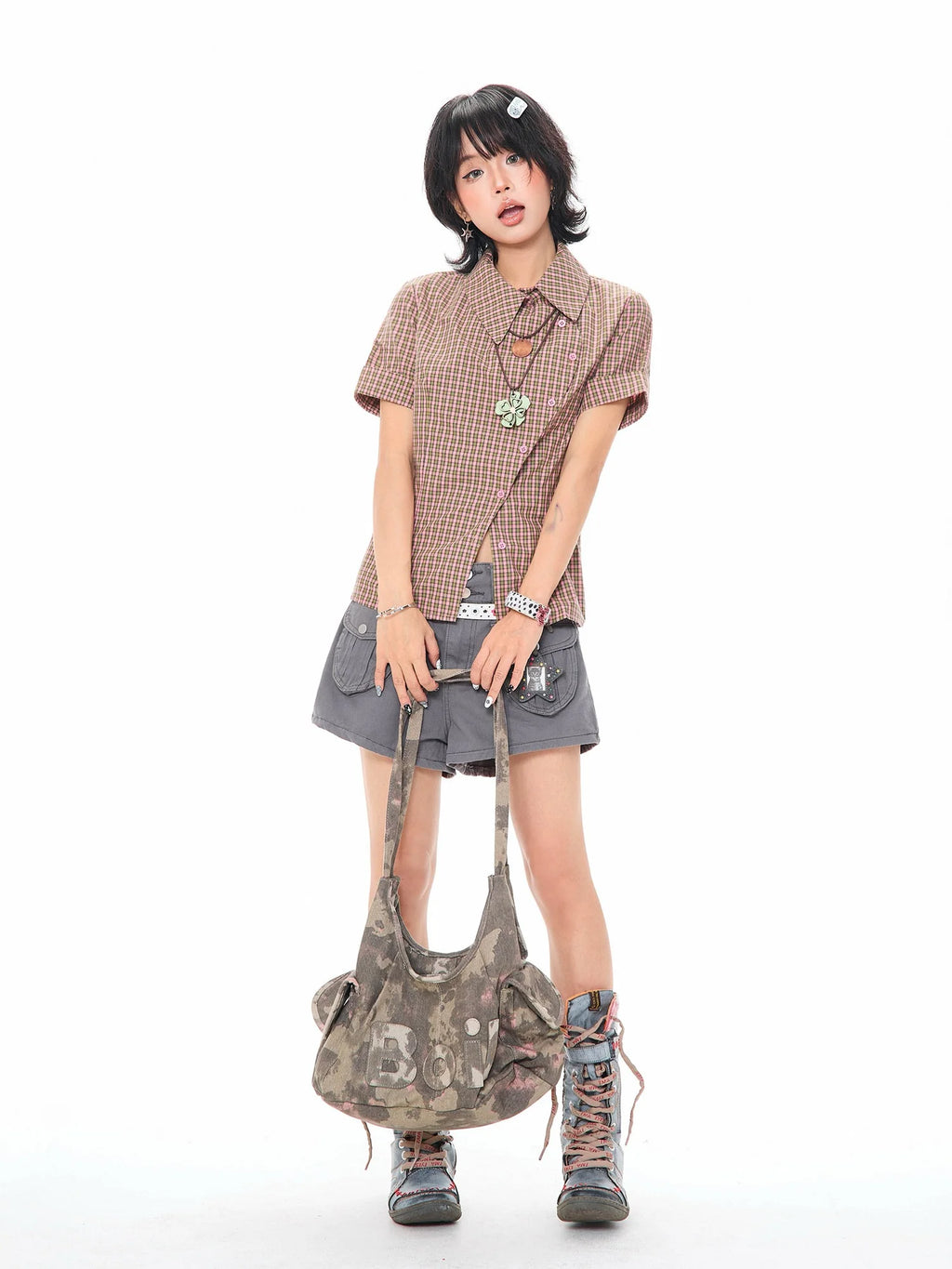 Vintage Plaid Asymmetrical Slim Fit Crop Shirt OL2322