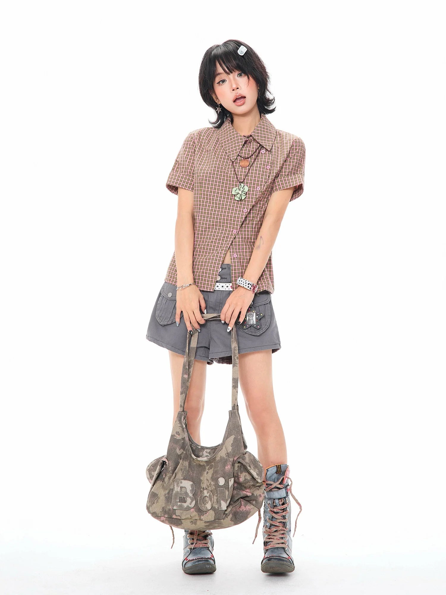 Vintage Plaid Asymmetrical Slim Fit Crop Shirt OL2322